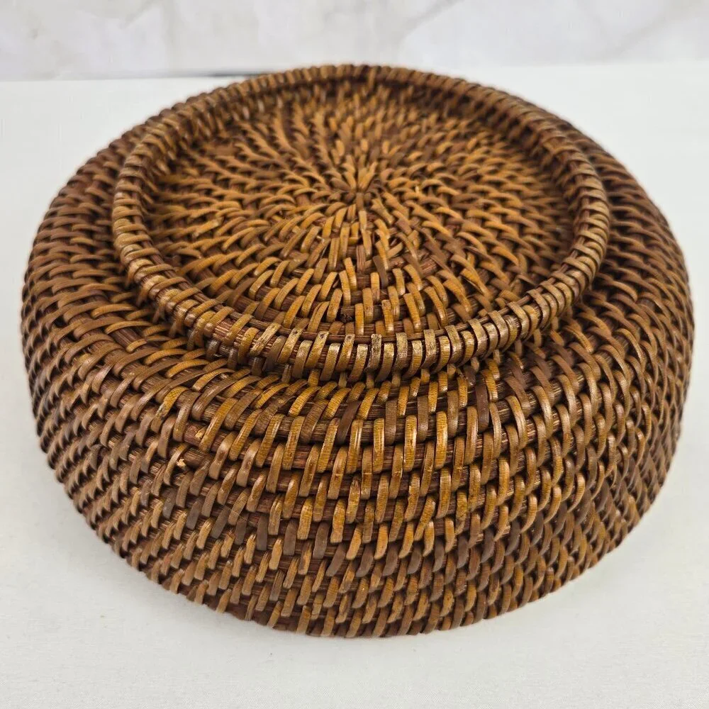 Vintage Chinese Sewing Basket Brown Handmade Round Wicker Glass Bead Accents